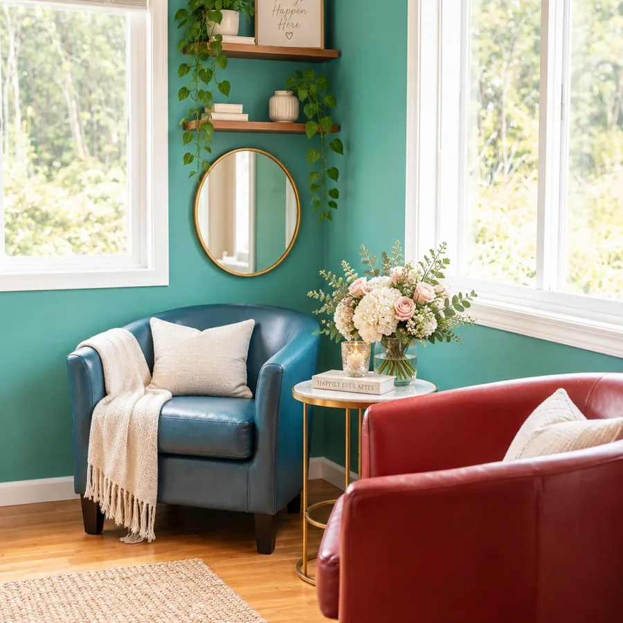 Styled bridal lounge nook with flowers and comfortable seating