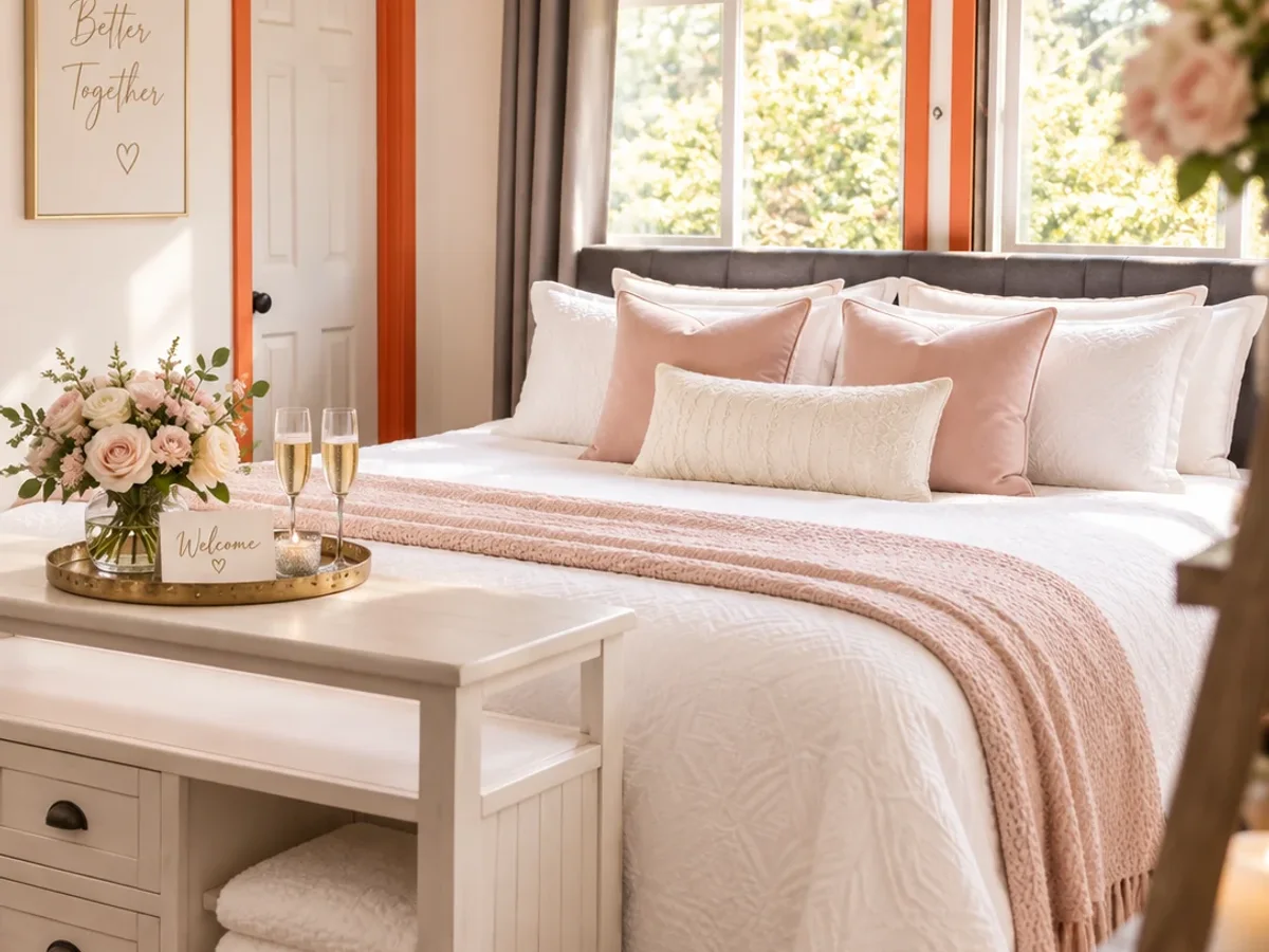 Wedding-ready bridal suite with soft blush styling and welcome details