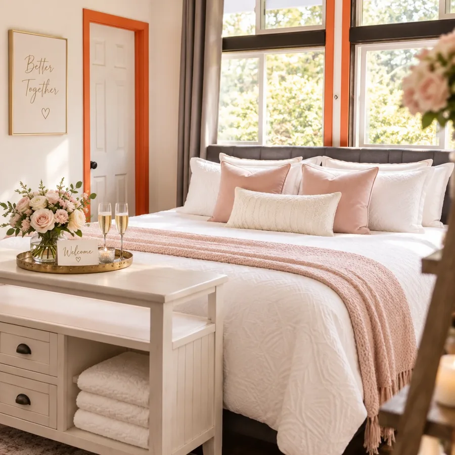Wedding-ready bridal suite with soft blush styling and welcome details