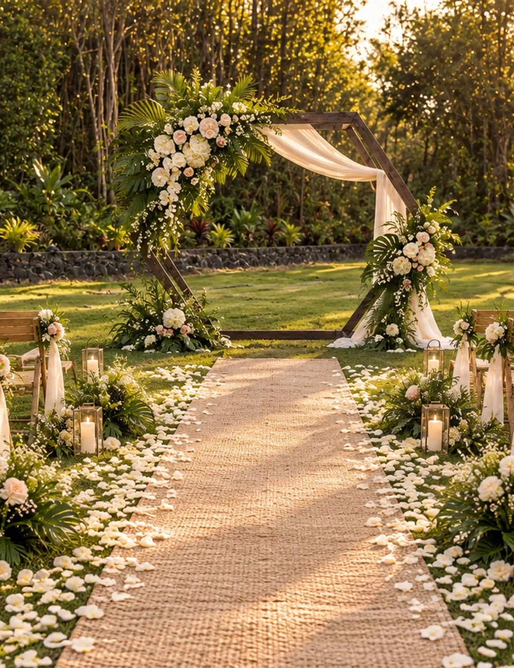 Sunlit ceremony aisle on the Koa’s lawn with tropical floral accents