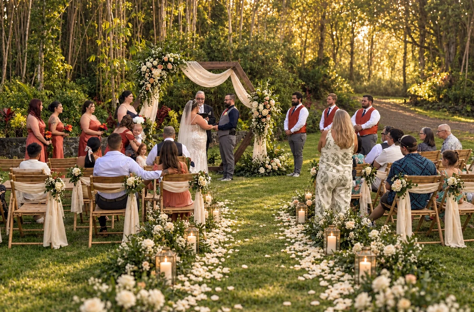 Centered wide view of a live wedding ceremony on the Koa’s lawn