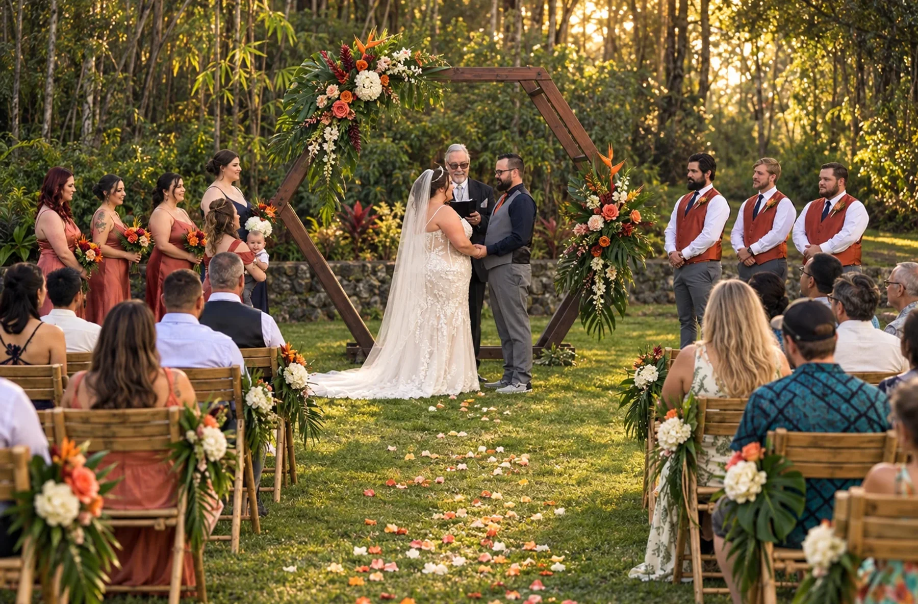 Wedding ceremony on the Koa’s lawn at sunset