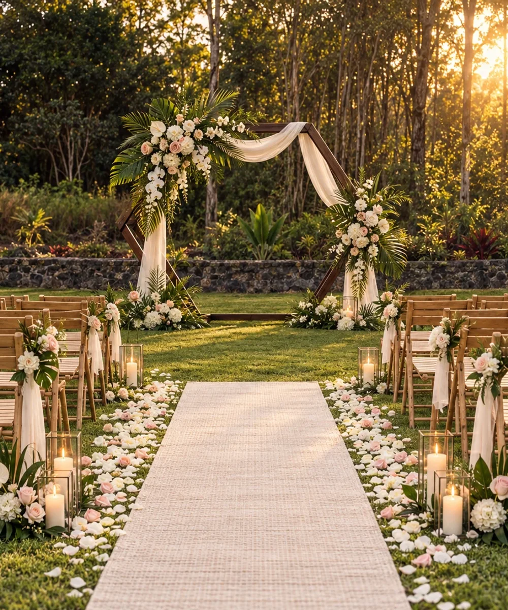 Tropical ceremony lawn with bamboo seating, lanterns and floral arch