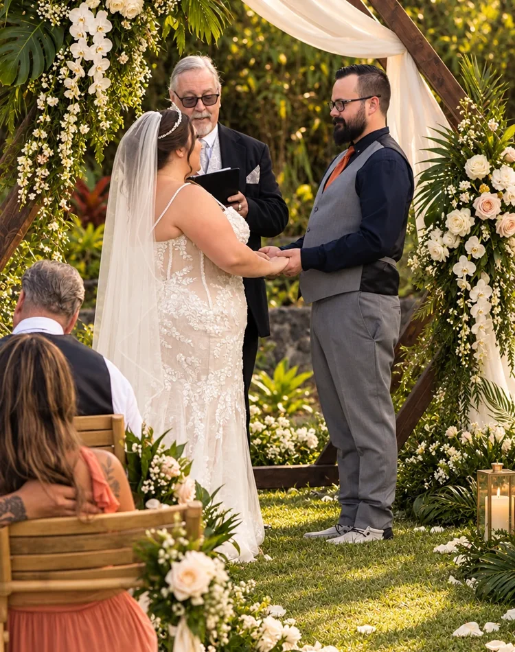 Couple exchanging vows during a Koa’s lawn ceremony