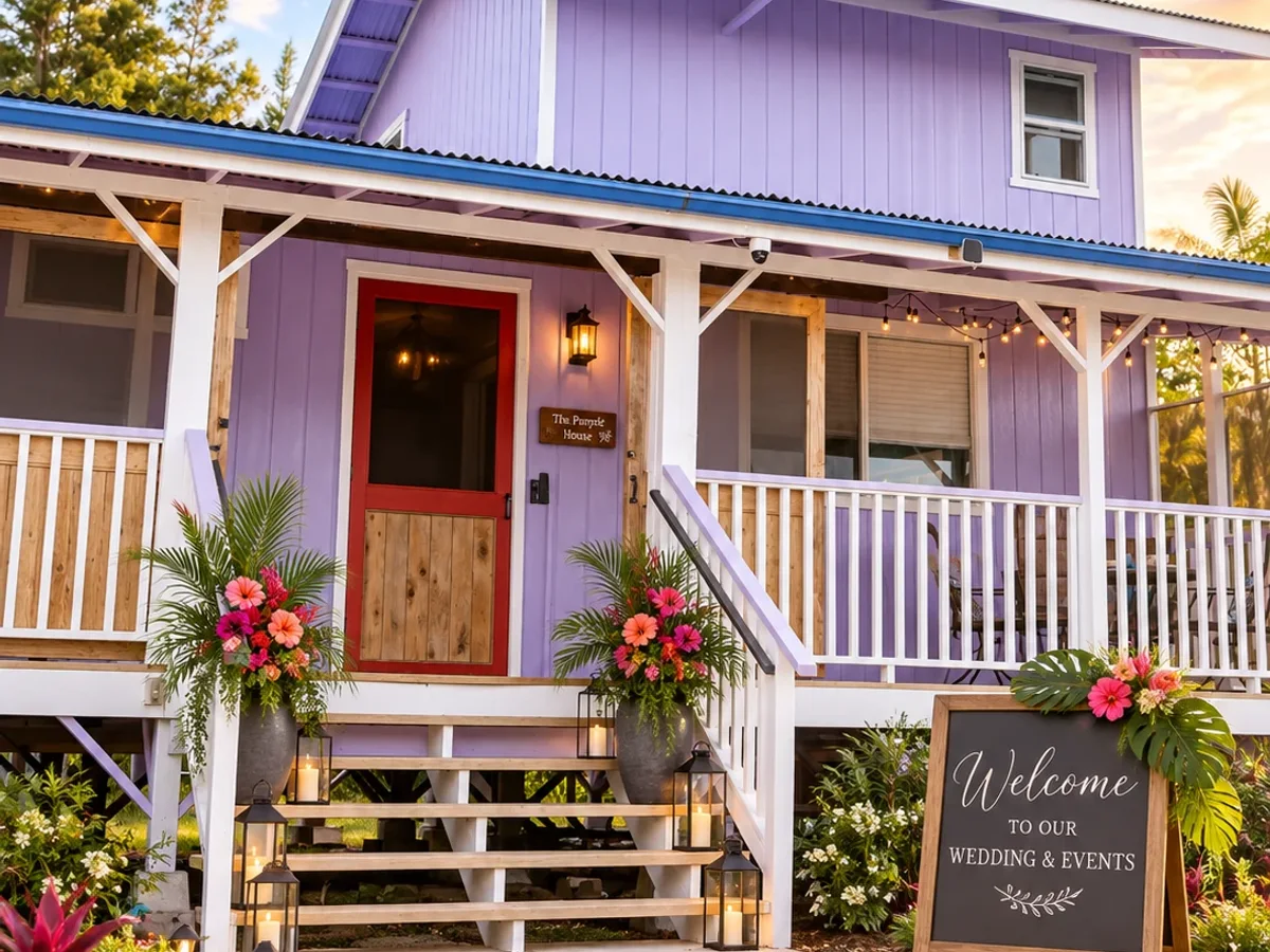 Koa’s cottage exterior styled for wedding and private-event arrivals