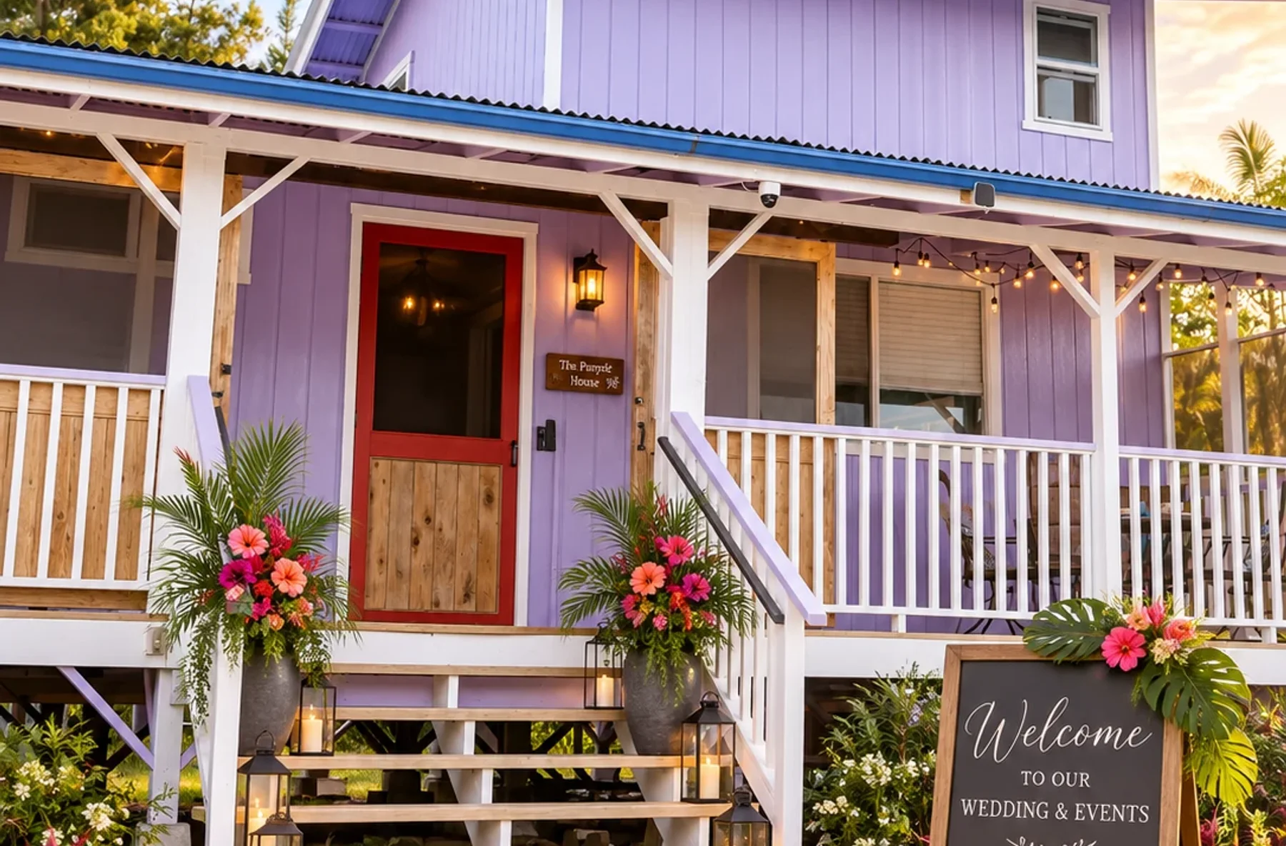 Koa’s cottage exterior styled for wedding and private-event arrivals