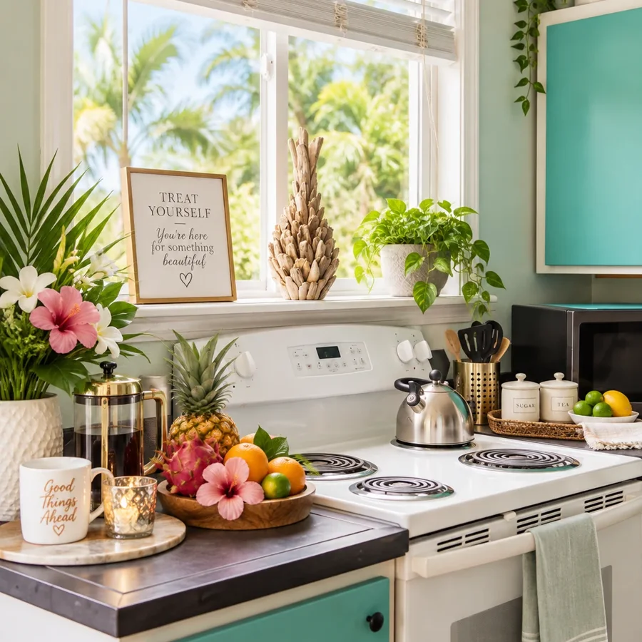 Bright cottage kitchenette styled with tropical hospitality details