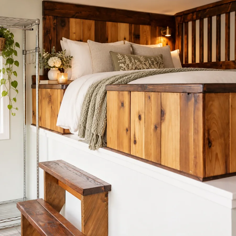 Warm wood loft suite styled as a cozy wedding-weekend retreat