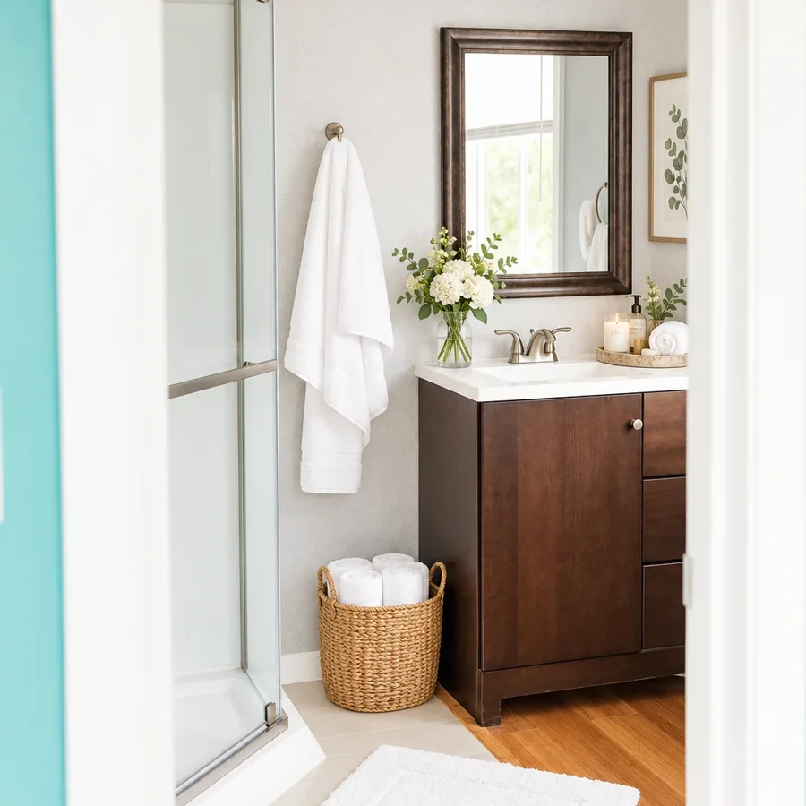 Bright guest bathroom styled with fresh towels, greenery and spa details