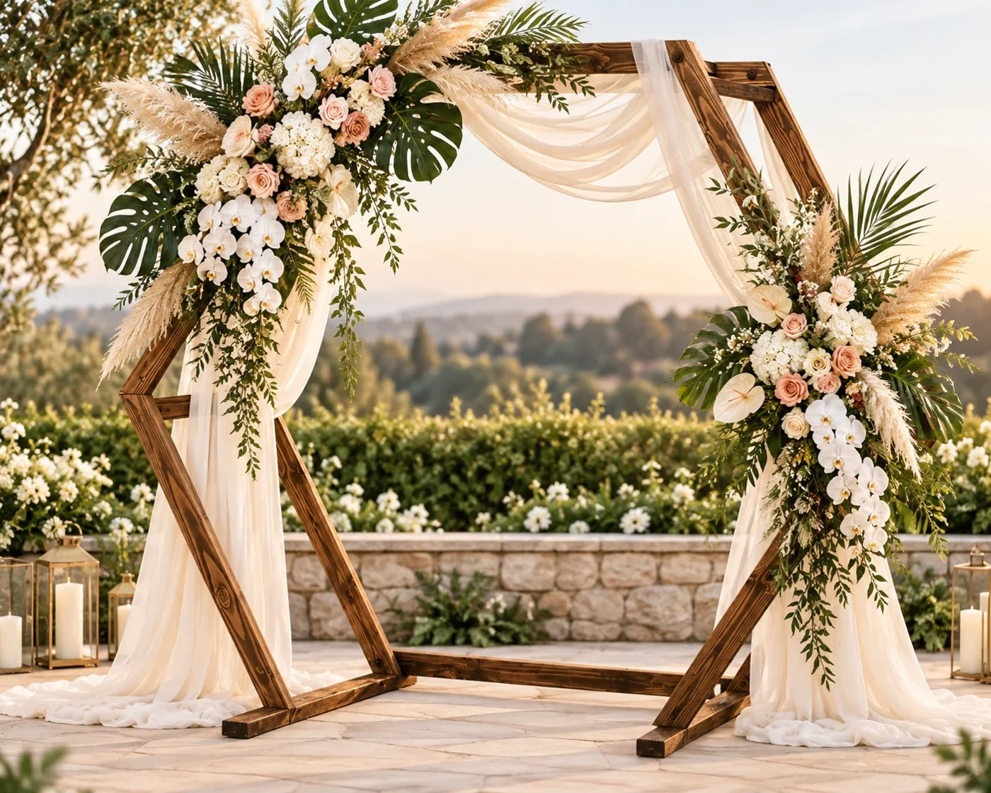 Styled wooden ceremony arch at Koa’s showing how rentals and florals shape a wedding design