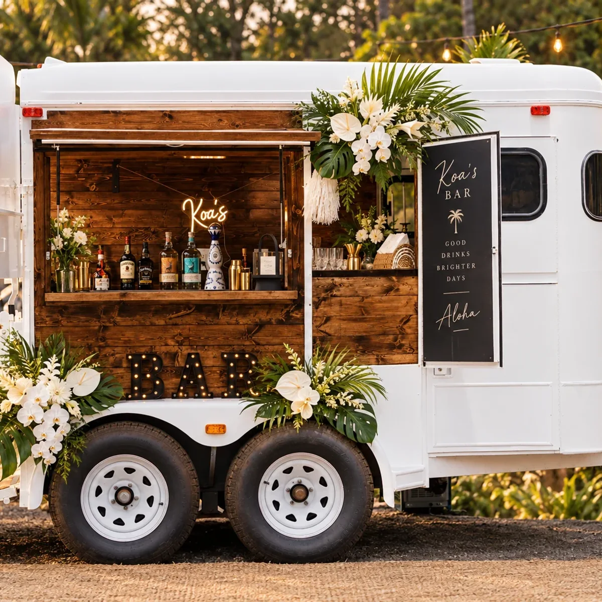 Koa’s Mobile Bar trailer styled with tropical florals at golden hour