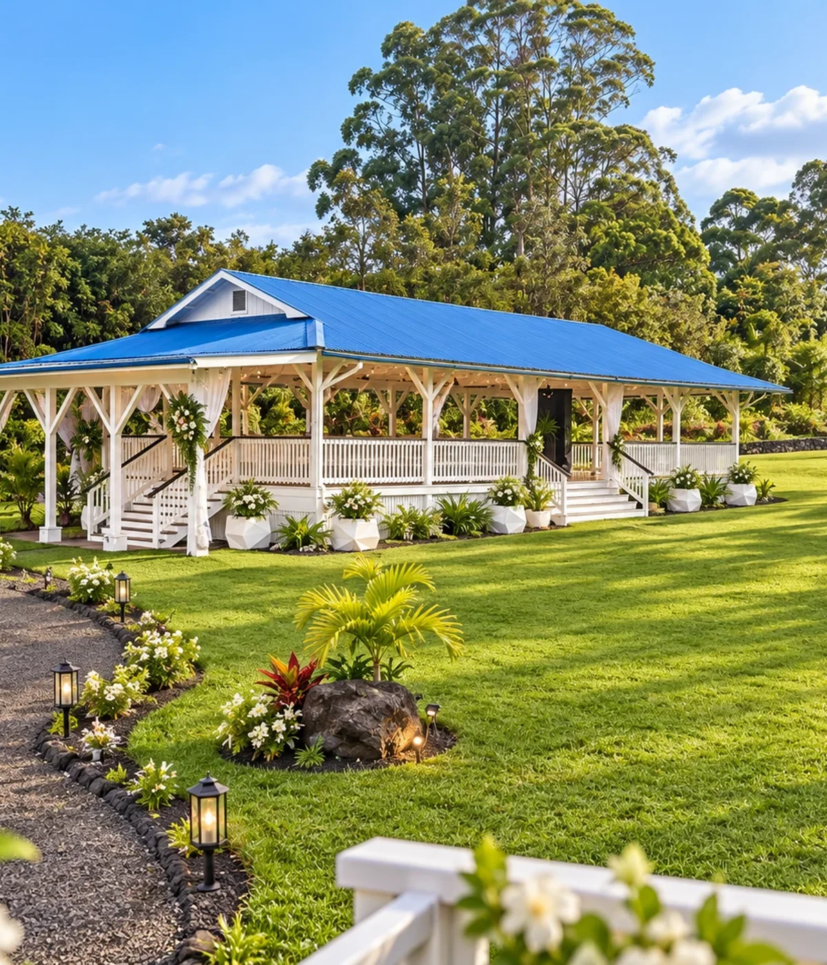 Koa’s pavilion surrounded by lush tropical landscaping