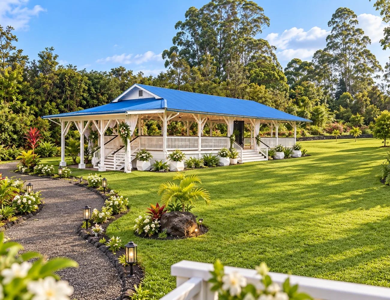 Koa’s pavilion surrounded by lush tropical landscaping