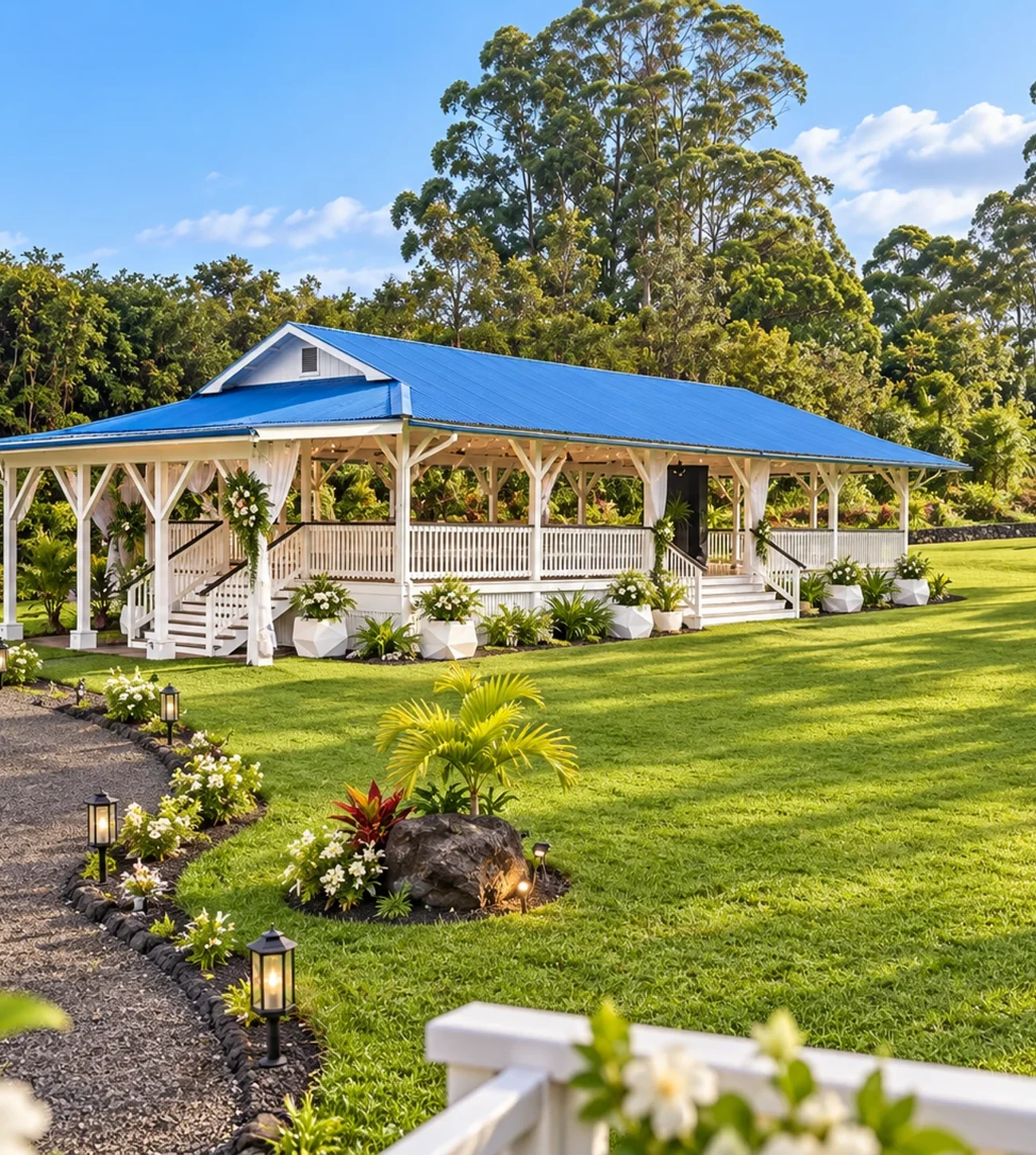 Koa’s pavilion surrounded by lush tropical landscaping