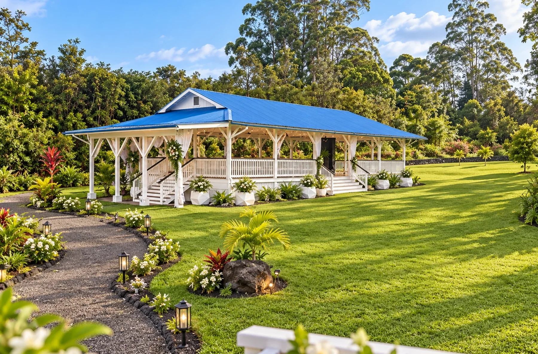 Koa’s open-air pavilion and lawn in bright daytime