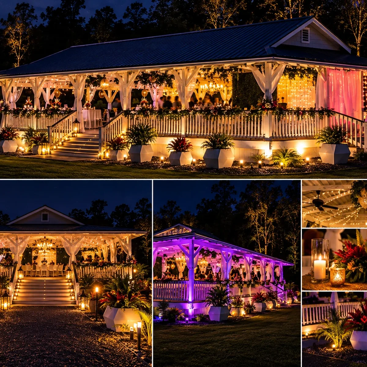 Night lighting collage showing multiple pavilion lighting looks