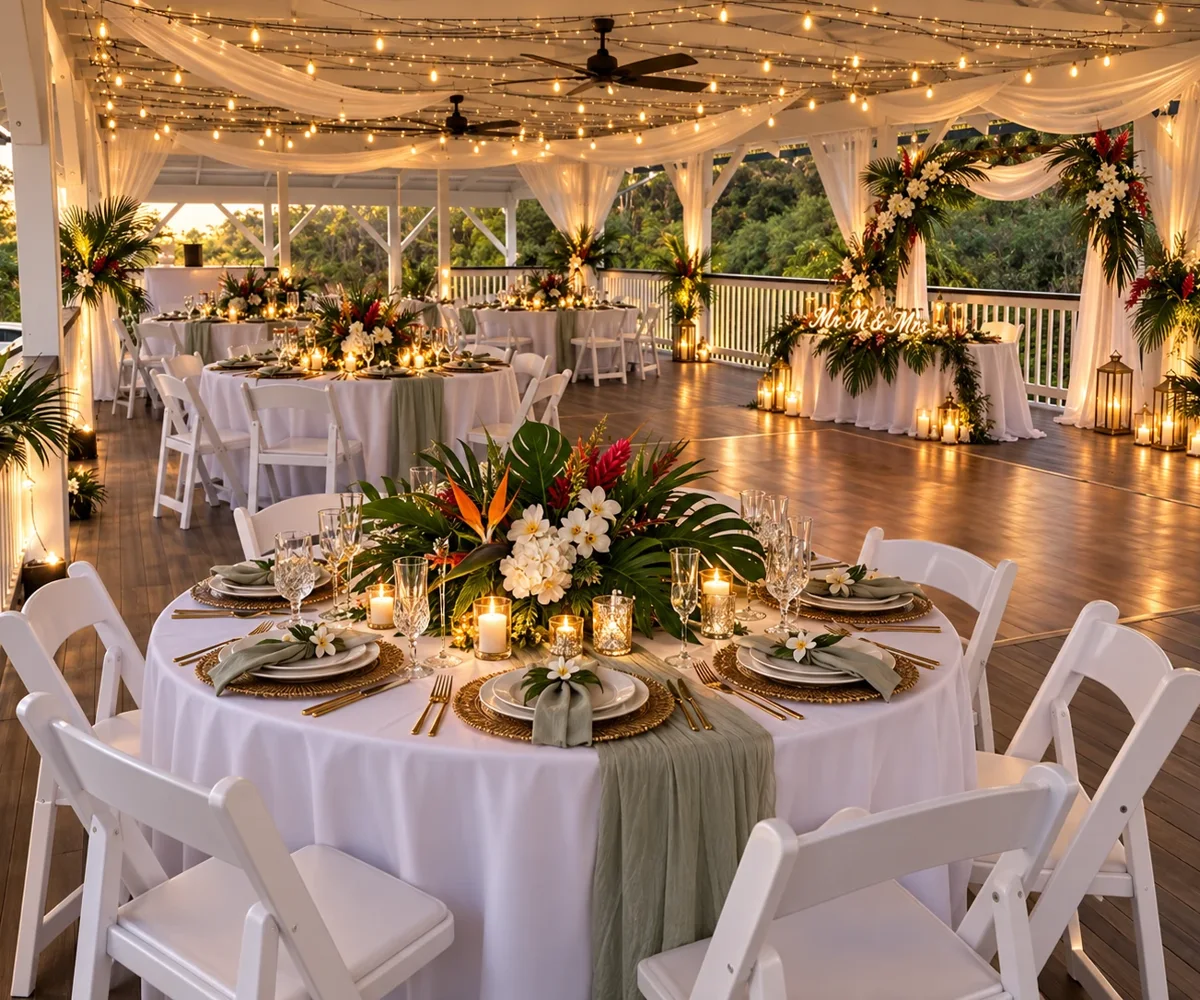Wide reception setup inside the open-air Koa’s pavilion