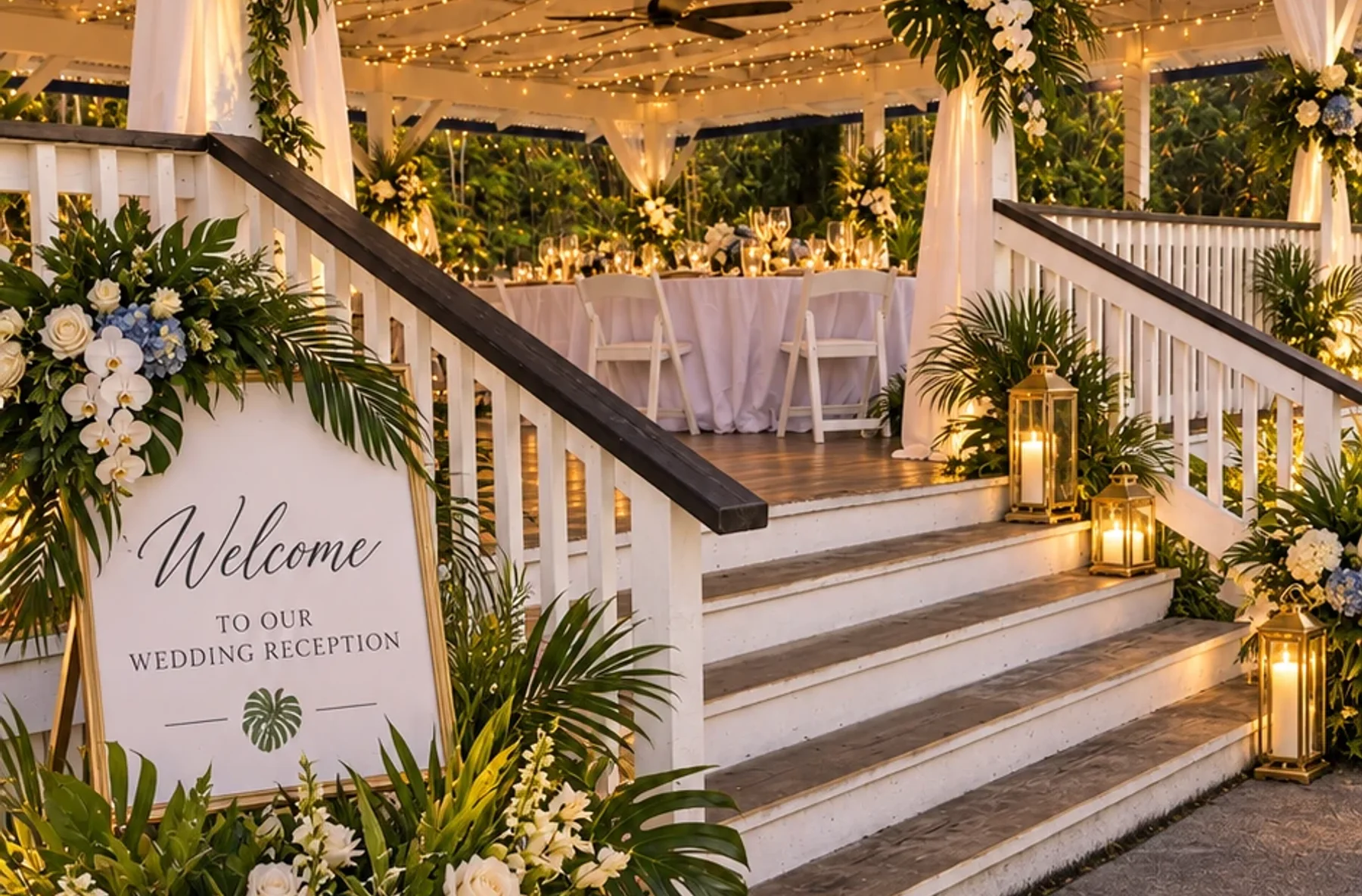 Romantic floral entrance up the pavilion stairs