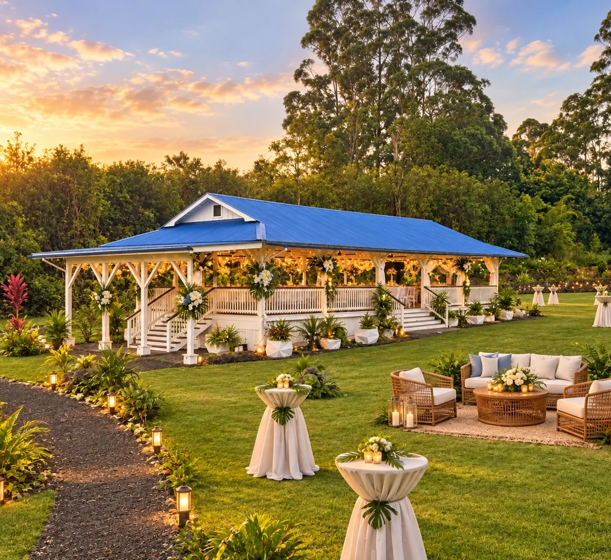 Wedding reception glowing inside the pavilion at sunset