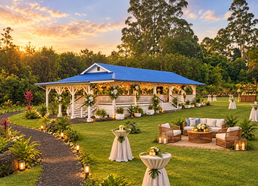 Wedding reception glowing inside the pavilion at sunset