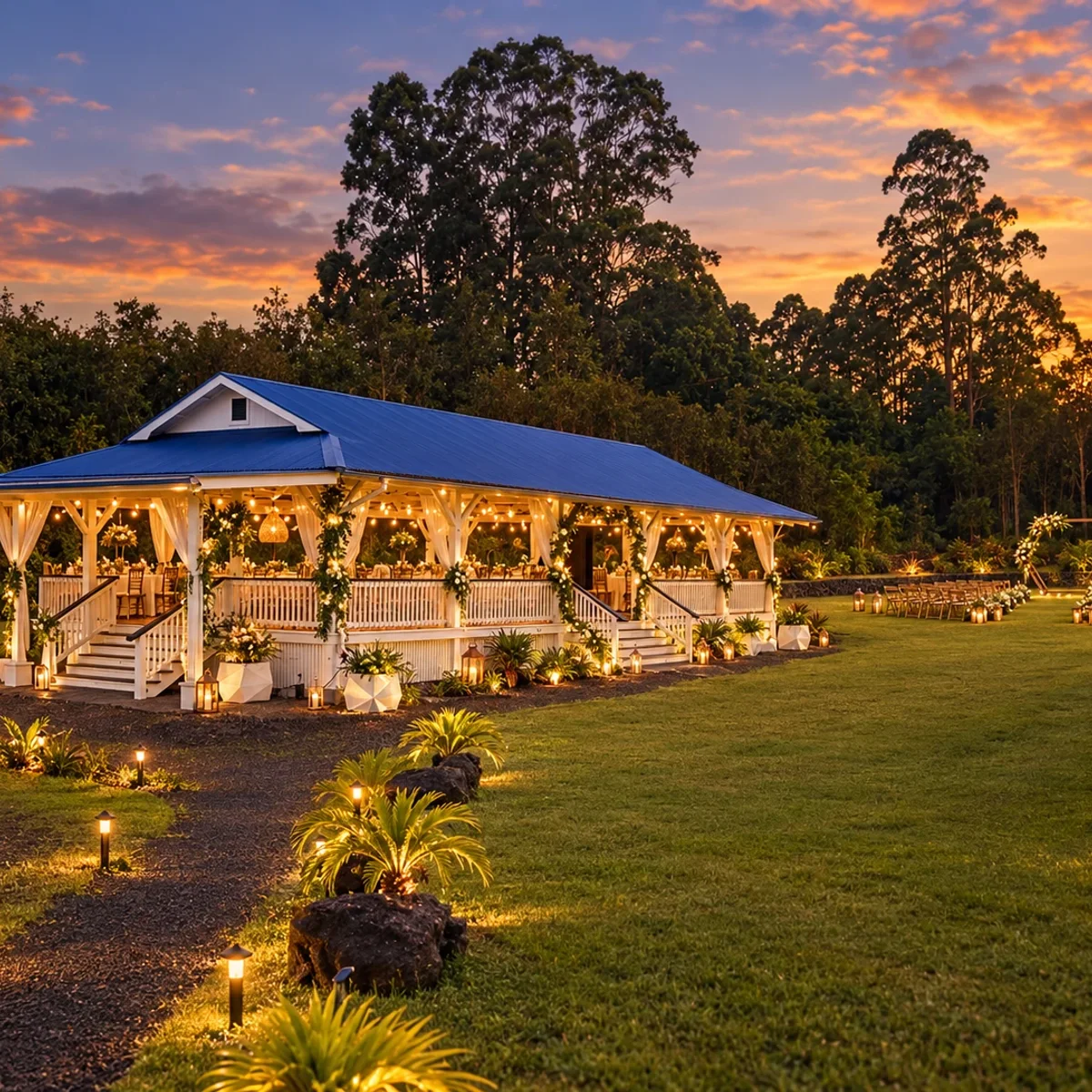 Koa’s pavilion glowing at sunset across the lawn