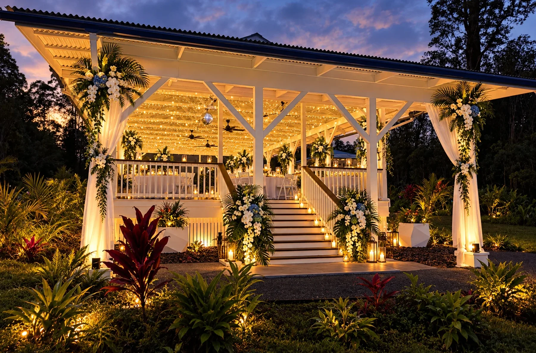 Twilight front view of the Koa’s pavilion and landscaped entrance