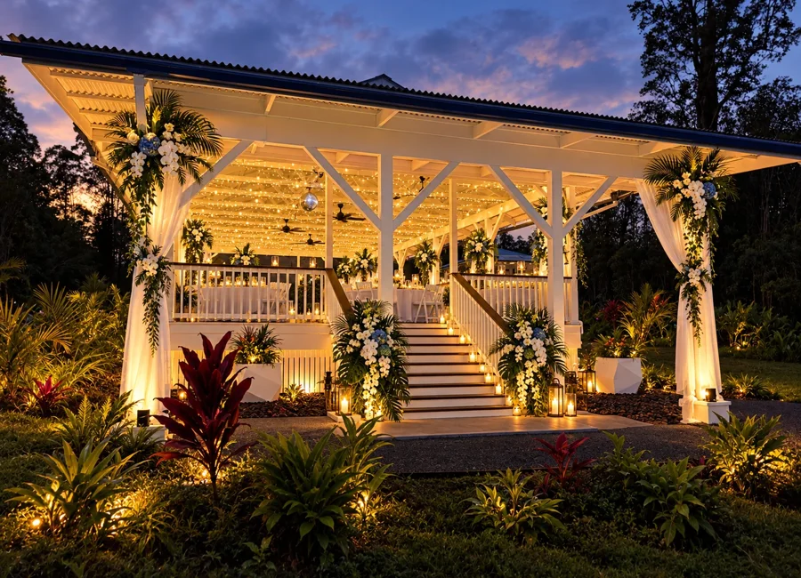 Twilight front view of the Koa’s pavilion and landscaped entrance