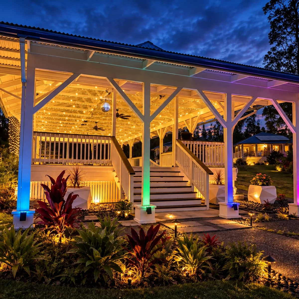 Front entrance of the Koa’s pavilion at golden hour