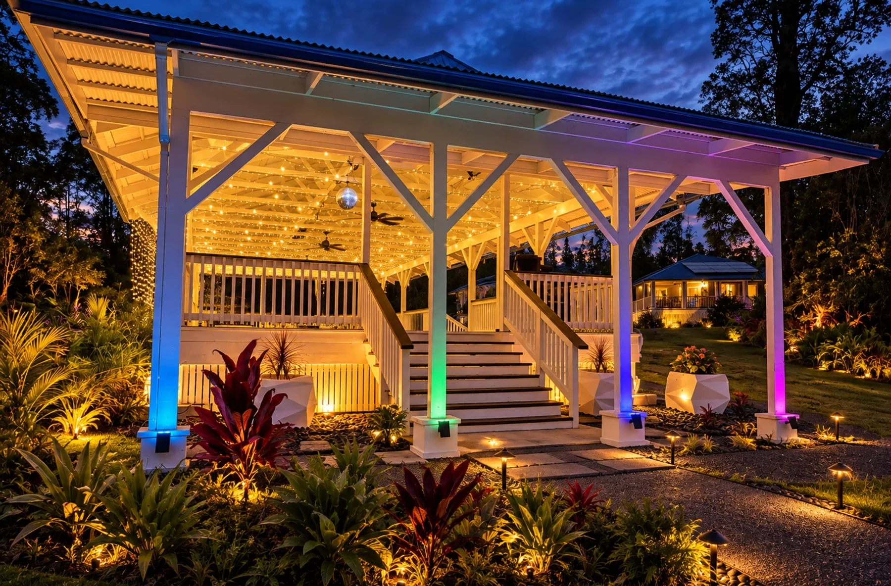 Front entrance of the Koa’s pavilion at golden hour
