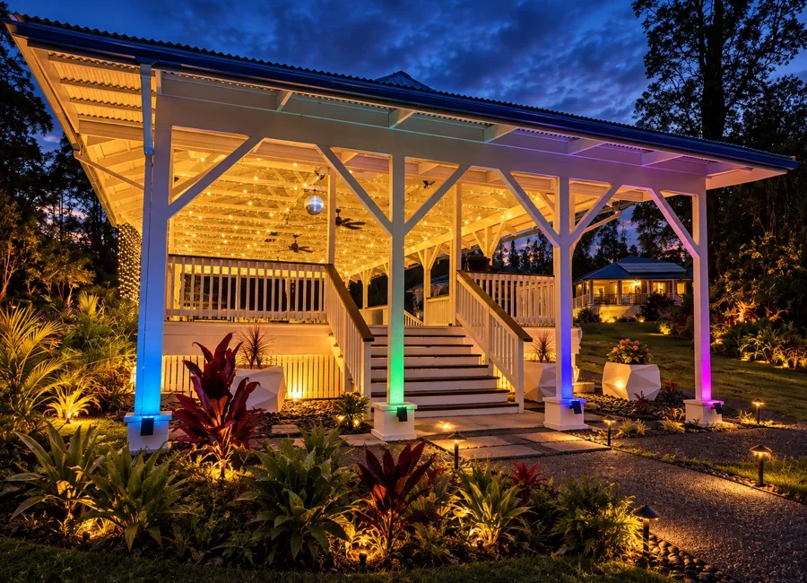 Front entrance of the Koa’s pavilion at golden hour