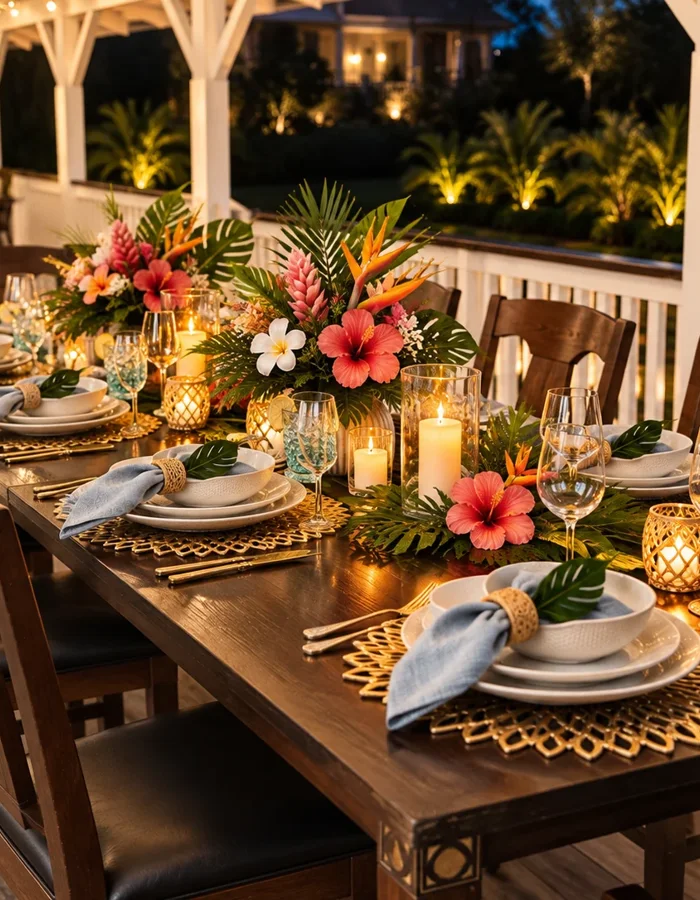 Tropical dinner table with candles and colorful island florals