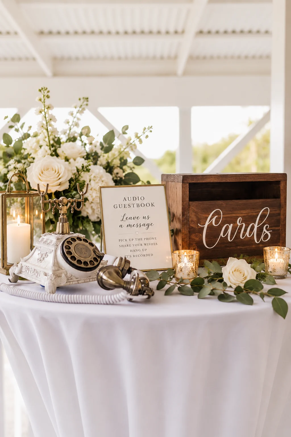 Vintage phone audio guestbook station with candles and florals