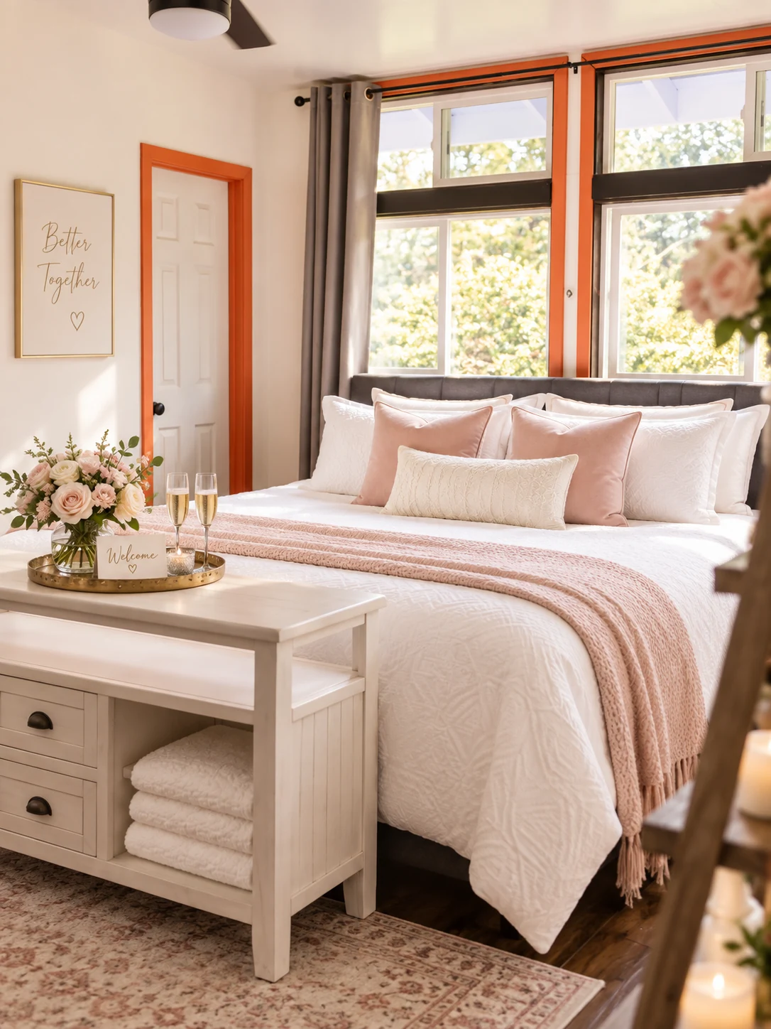 Wedding-ready bridal suite with soft blush styling and welcome details