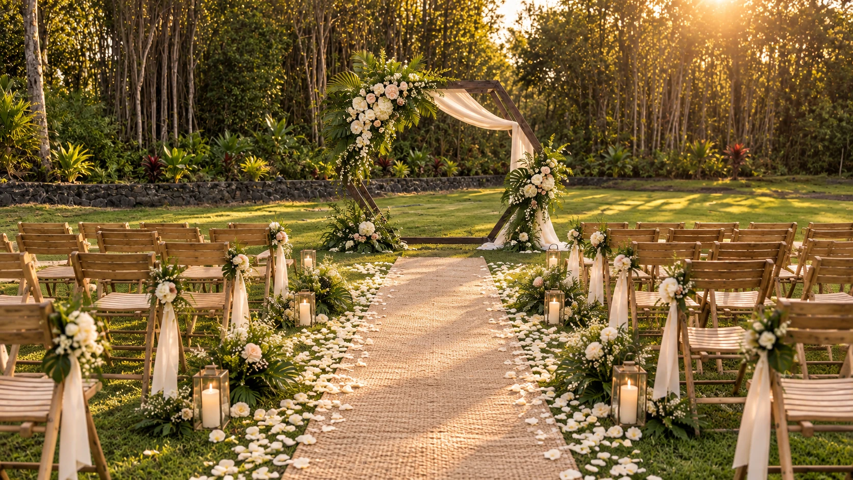 Sunlit ceremony aisle on the Koa’s lawn with tropical floral accents