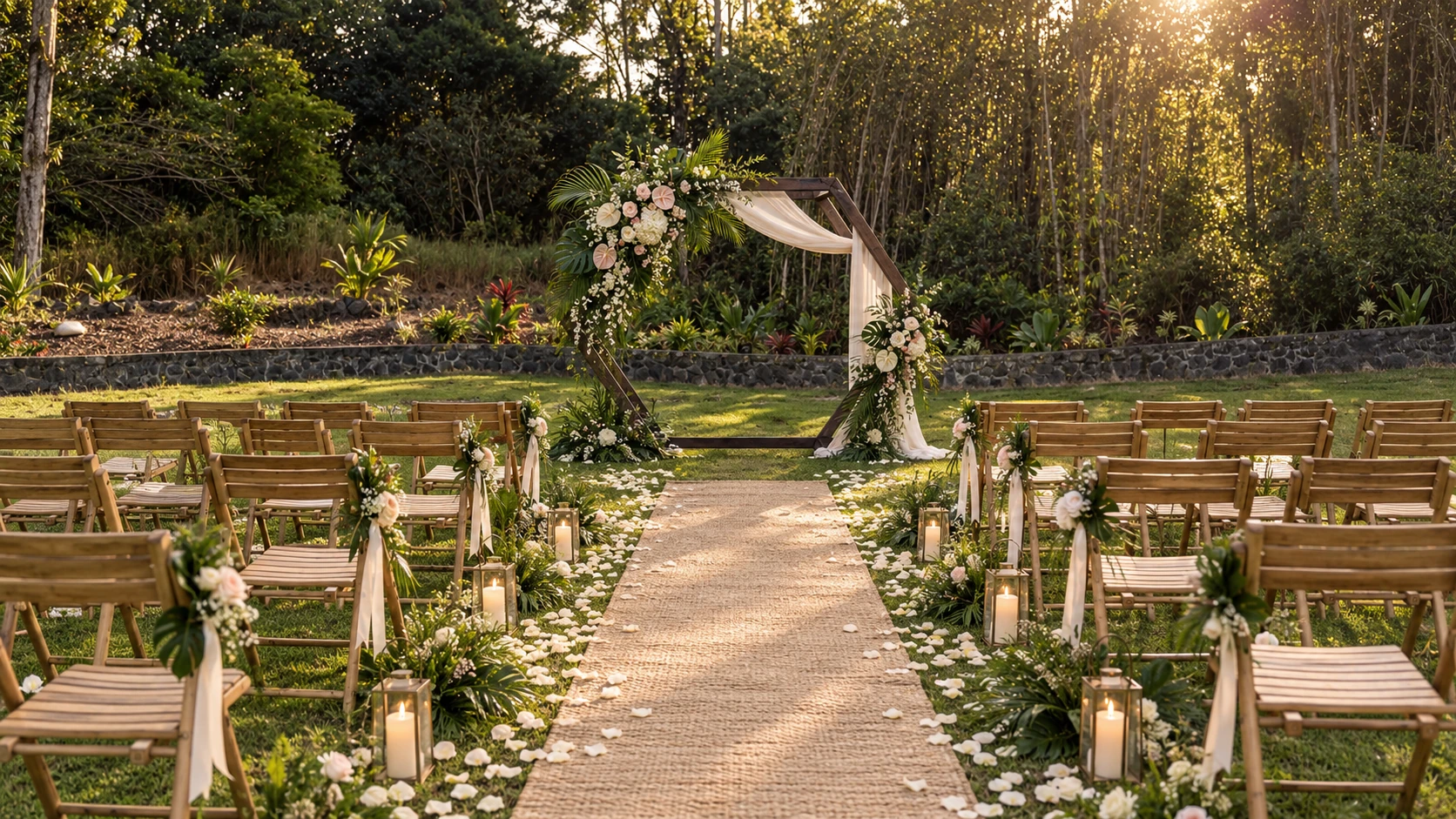 Wide view down a tropical ceremony aisle on the Koa’s lawn