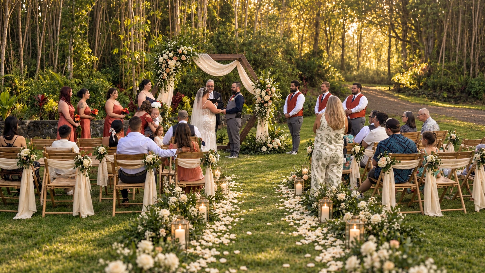 Centered wide view of a live wedding ceremony on the Koa’s lawn