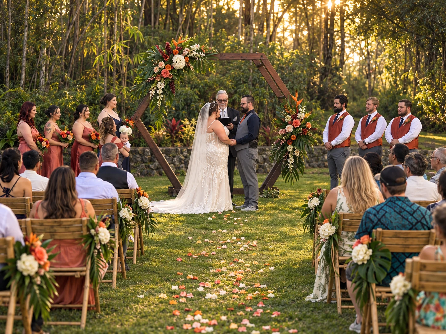 Wedding ceremony on the Koa’s lawn at sunset