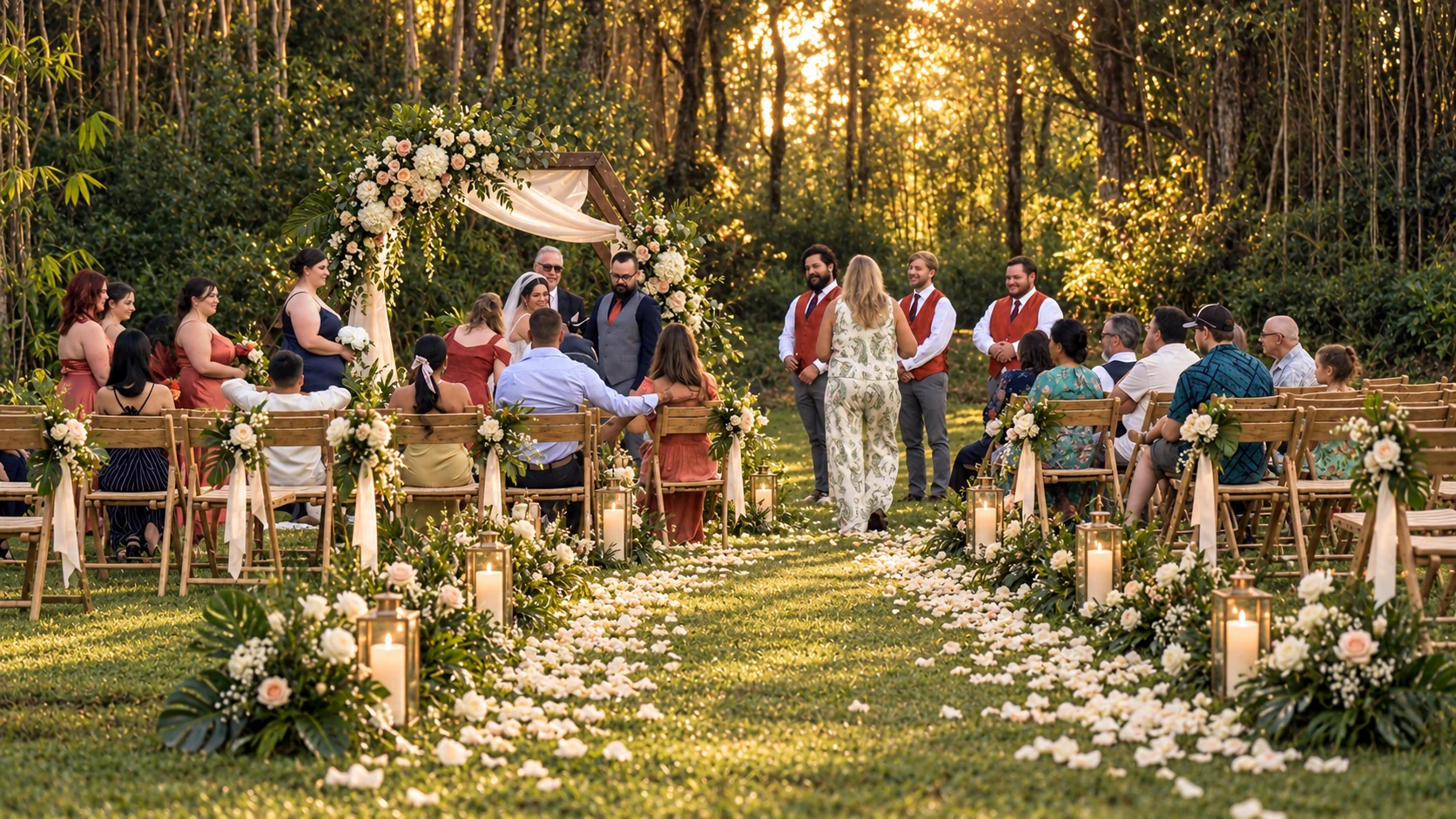 Wide live wedding ceremony on the Koa’s lawn with tropical forest backdrop