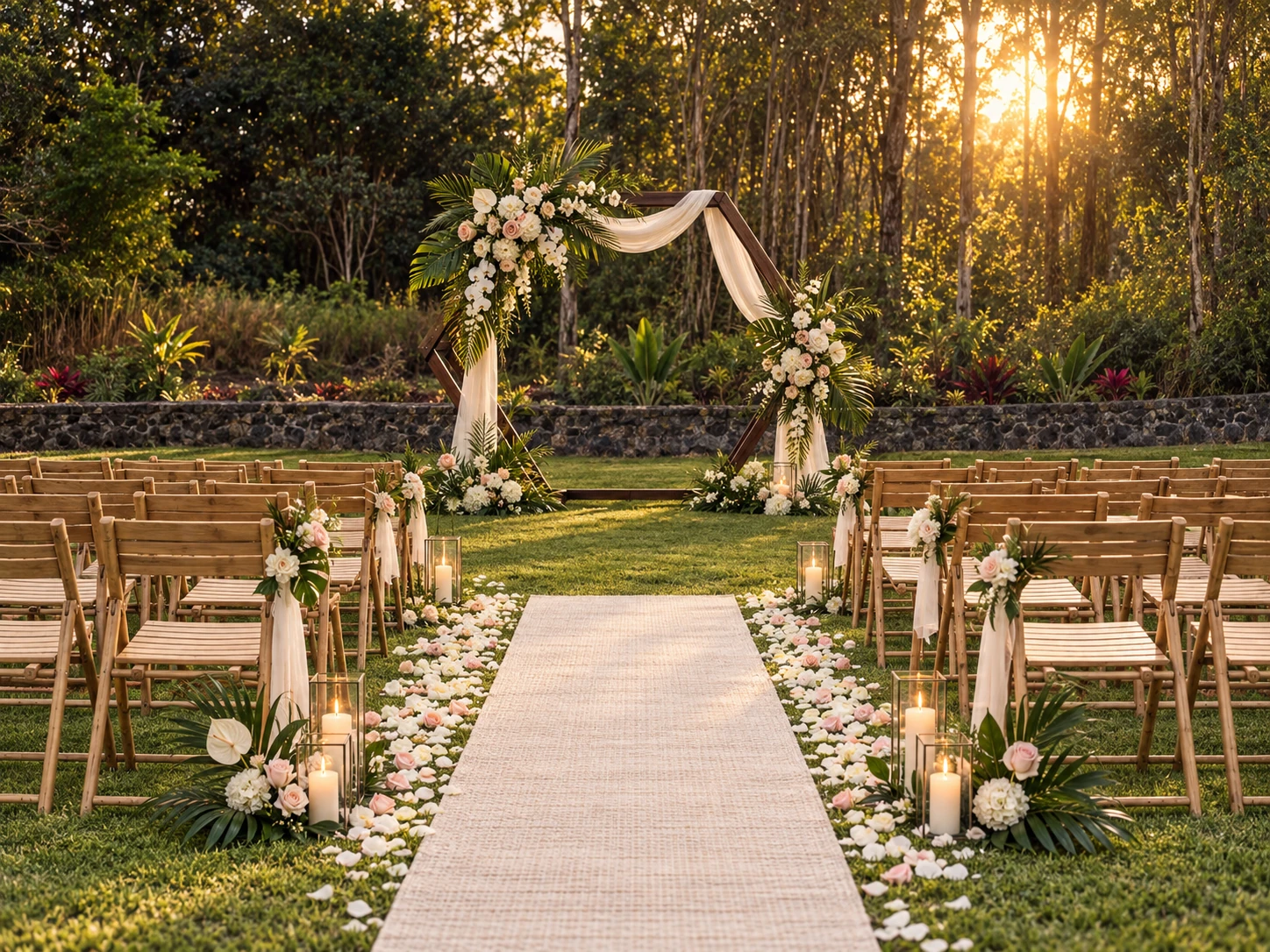 Tropical ceremony lawn with bamboo seating, lanterns and floral arch