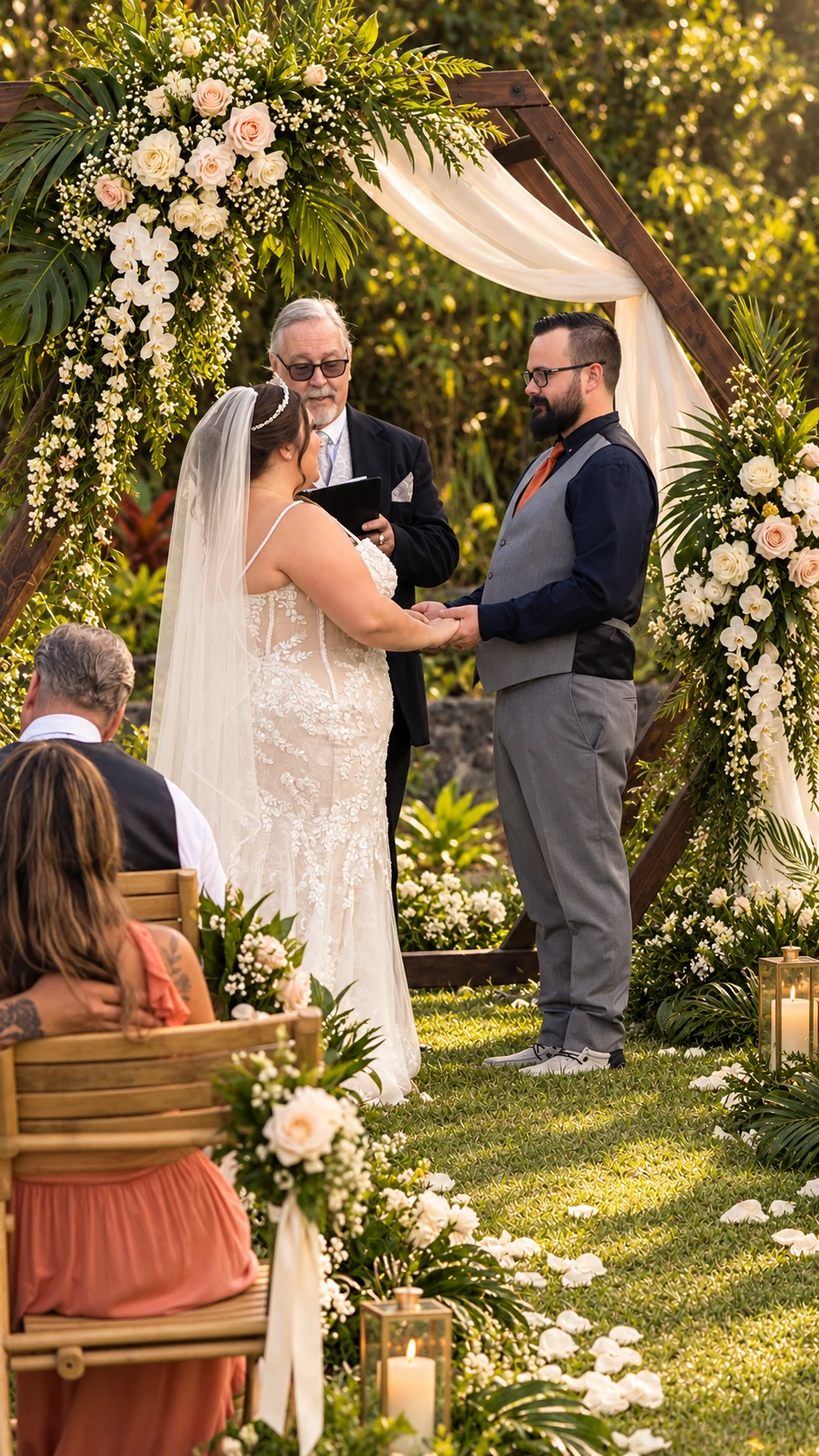 Couple exchanging vows during a Koa’s lawn ceremony