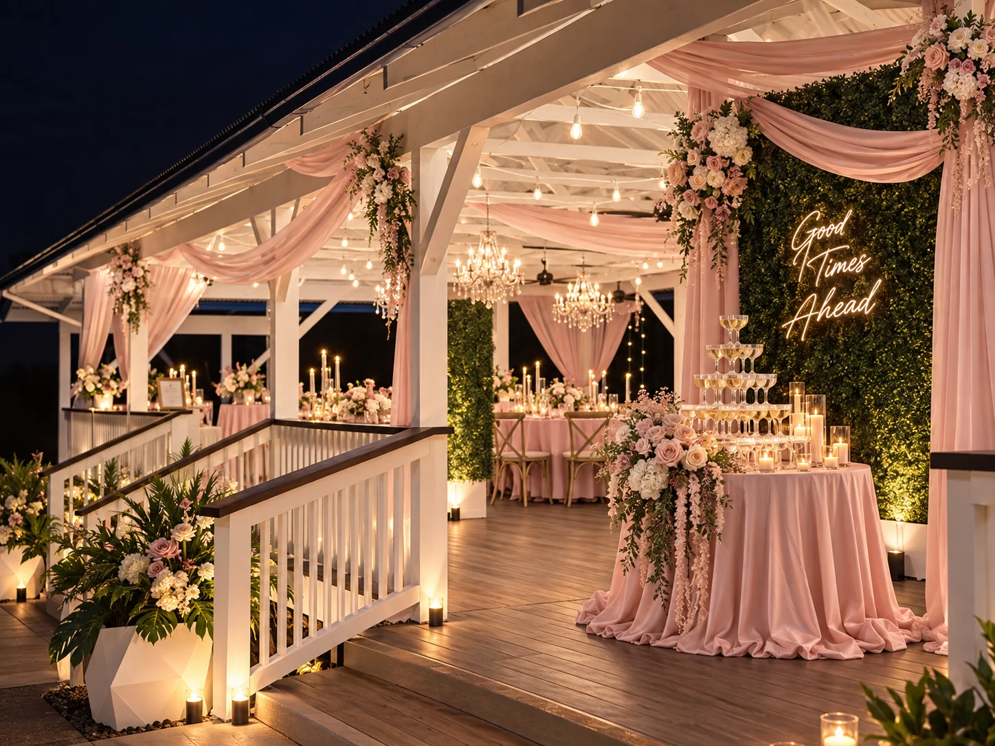 Blush champagne display and floral reception feature