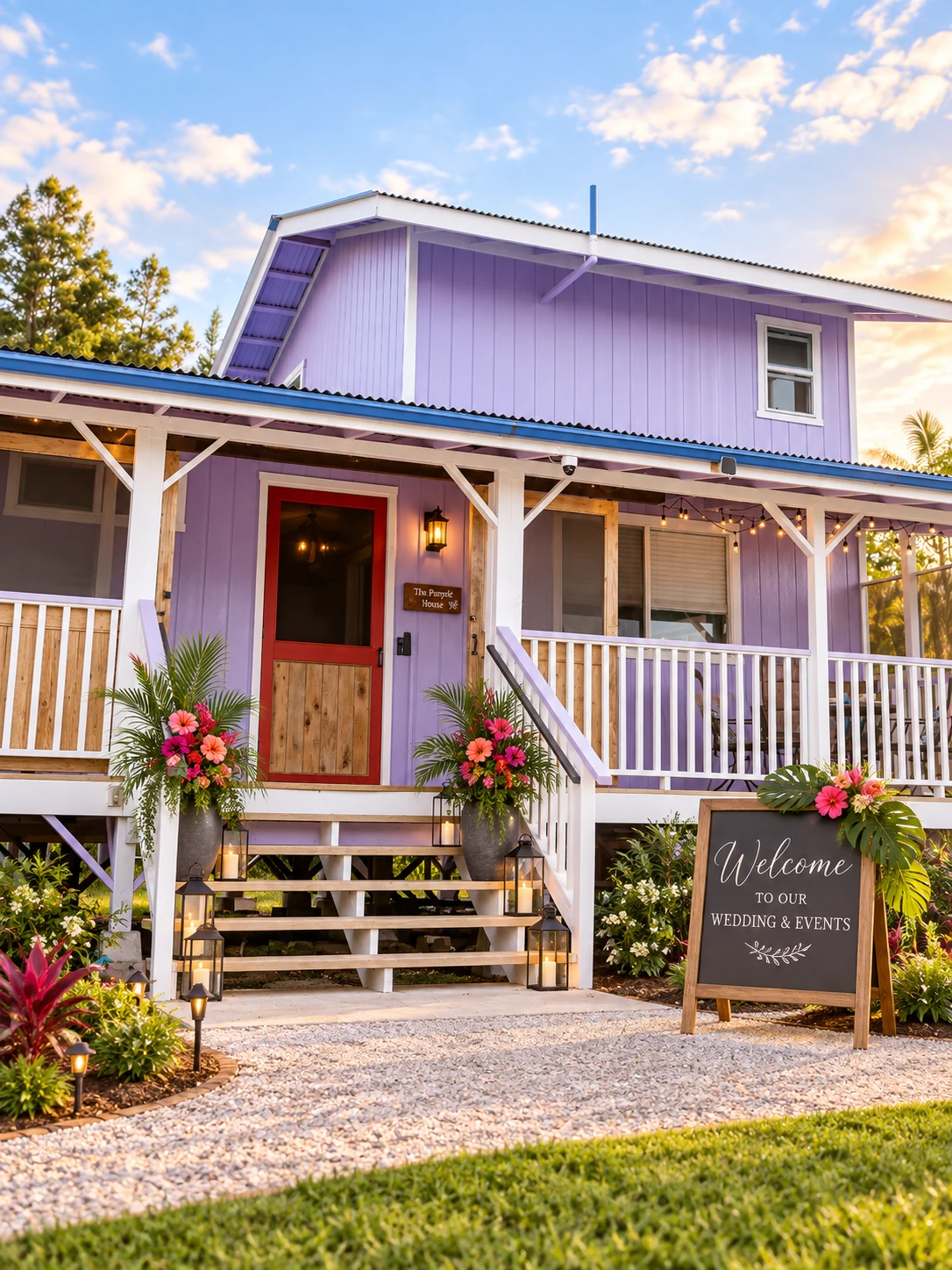Koa’s cottage exterior styled for wedding and private-event arrivals