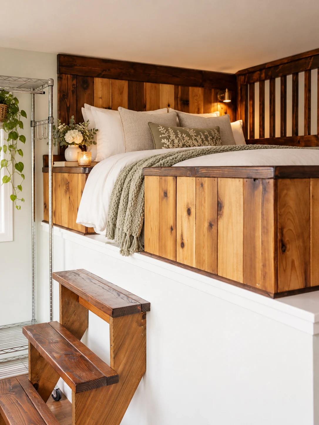 Warm wood loft suite styled as a cozy wedding-weekend retreat