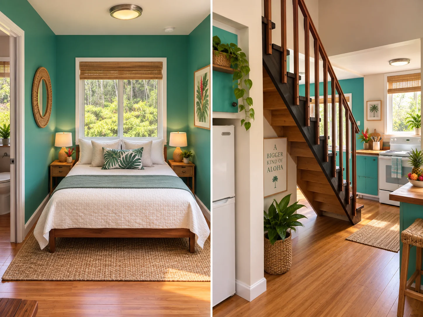 Staged Koa’s cottage bedroom and kitchen with teal accents