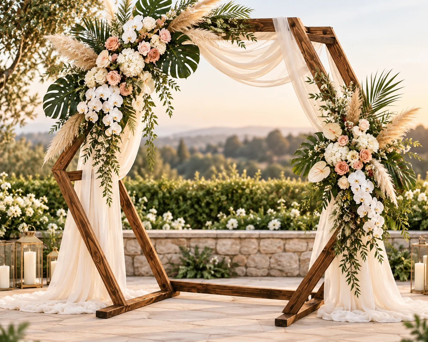 Hexagonal wooden ceremony arch with tropical florals and draping