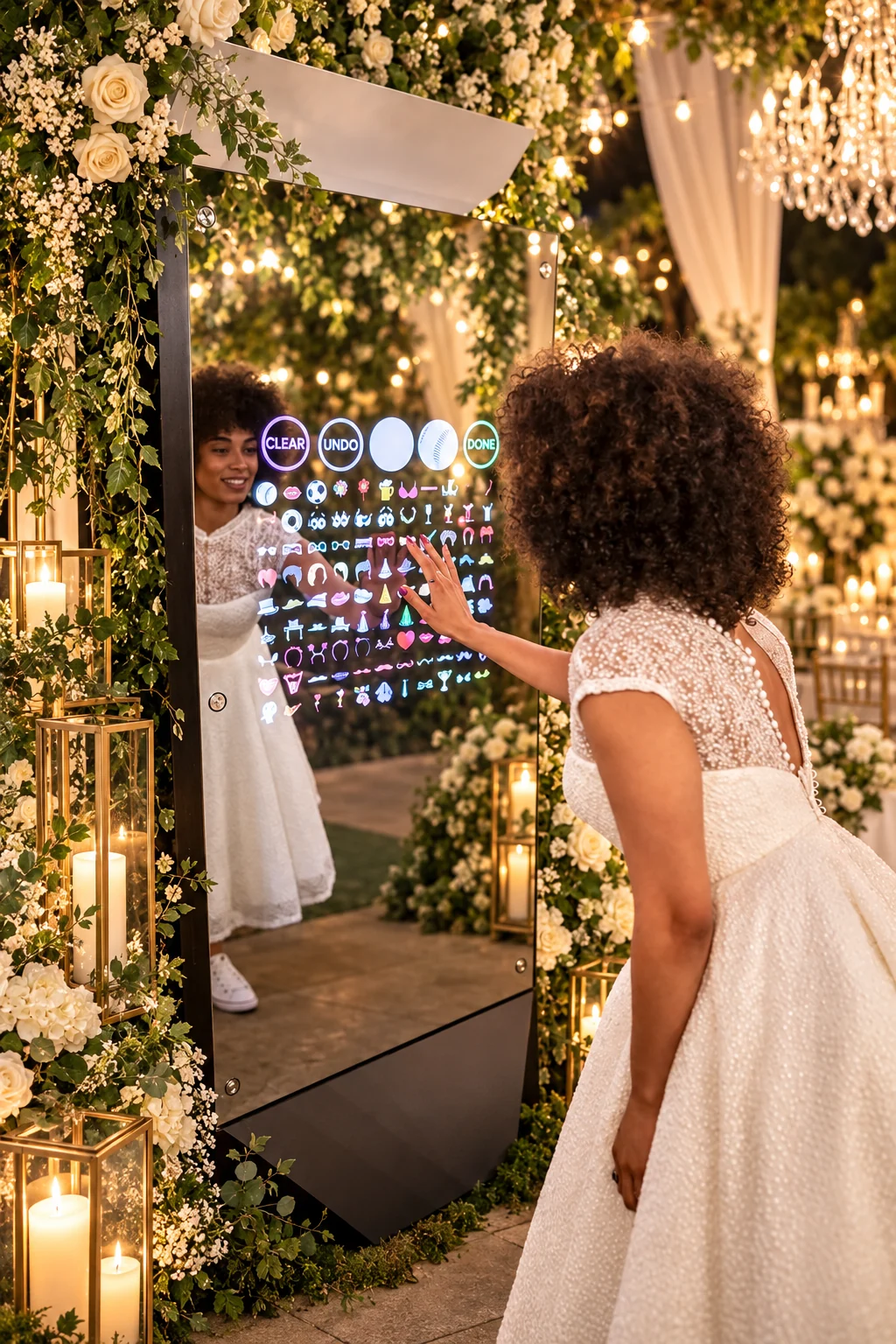 Guest using a mirrored photo booth at an evening wedding
