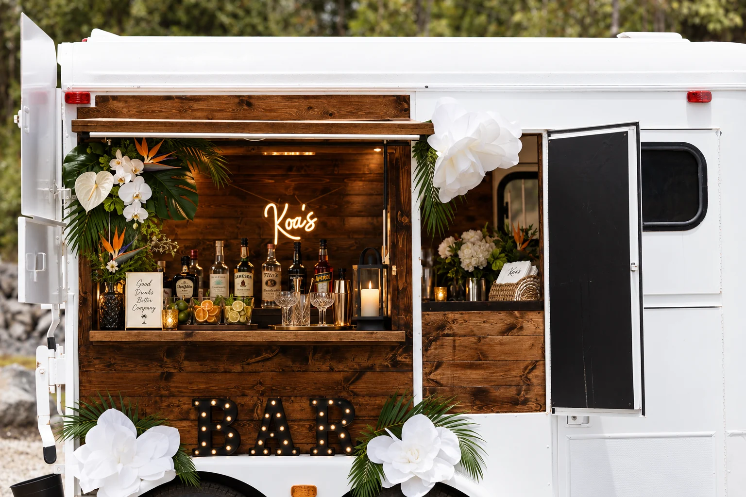 Koa’s Mobile Bar service window styled for an event