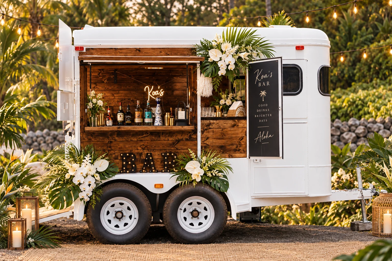 Koa’s Mobile Bar trailer styled with tropical florals at golden hour