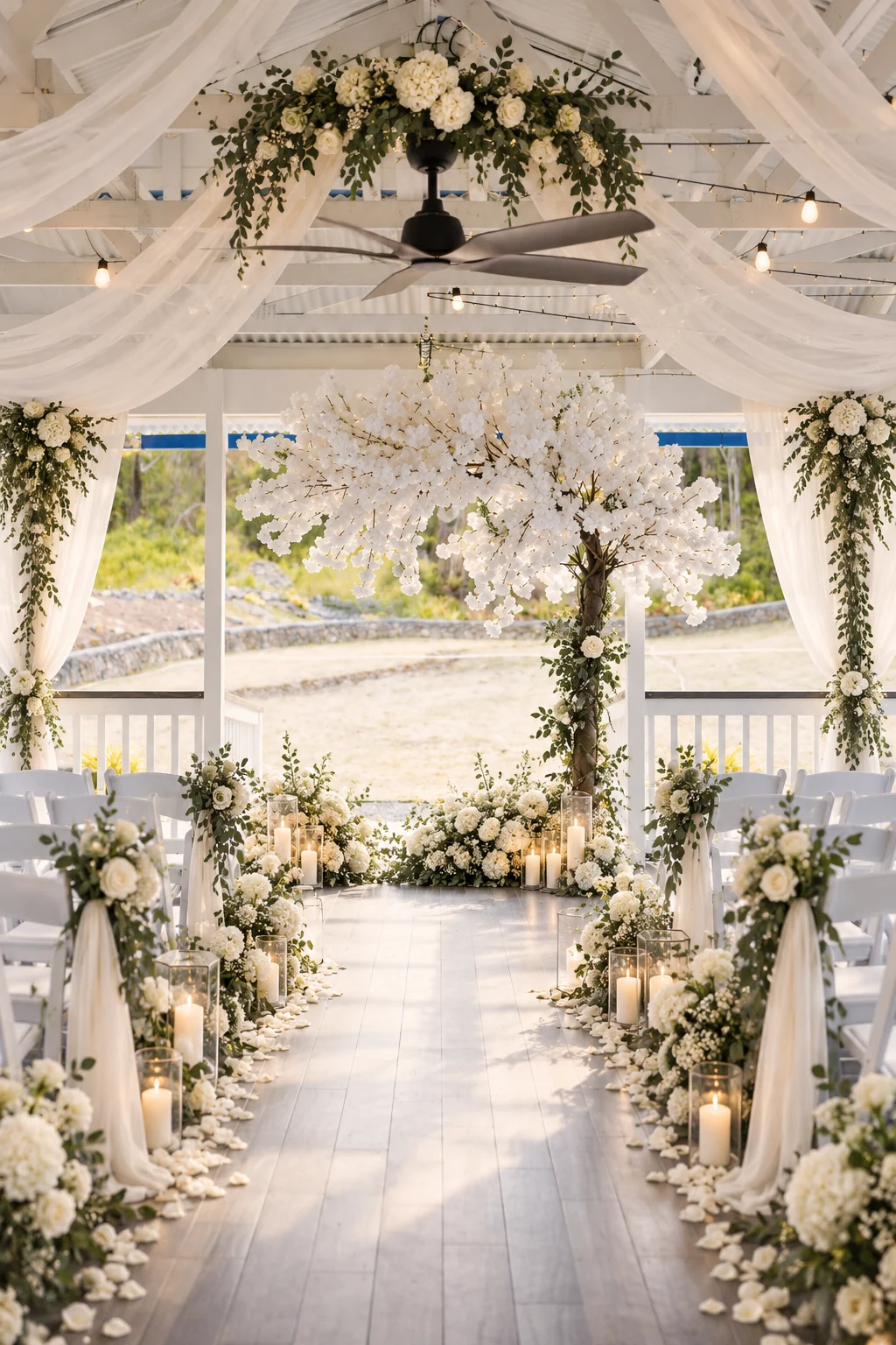 White floral ceremony aisle inside the Koa’s pavilion