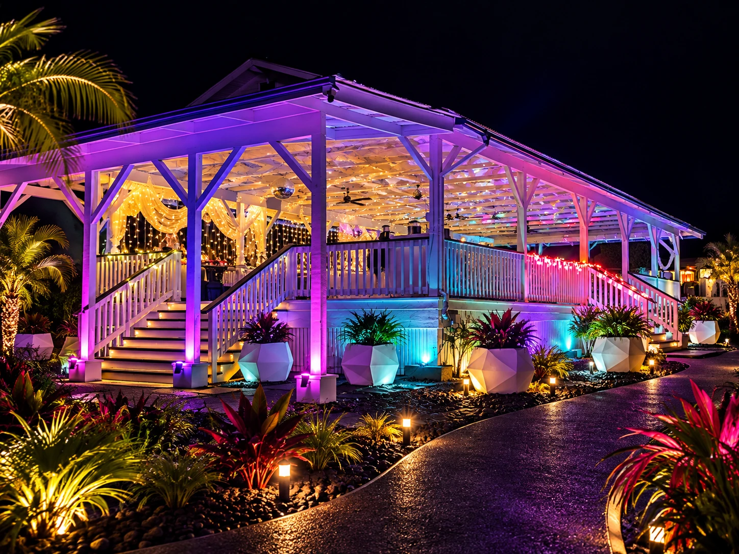 Pavilion entrance with colorful event uplighting at twilight